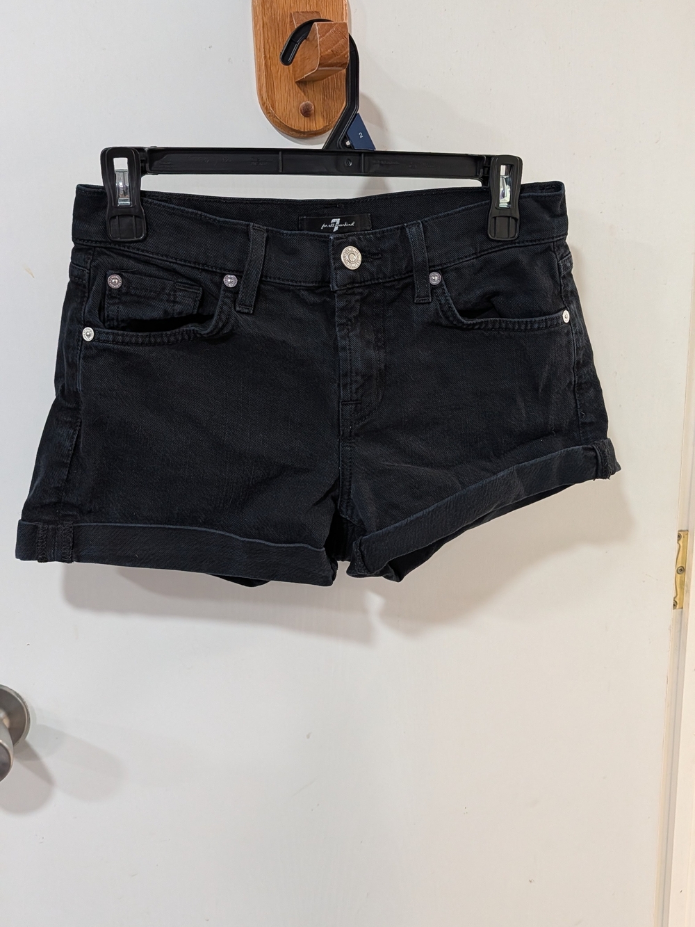 7 For All Mankind Black Cuffed Denim Shorts